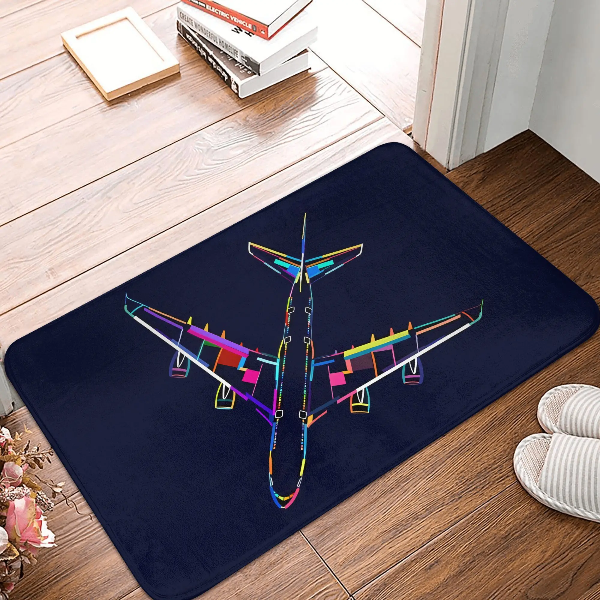 Neon Airplane Cross Design Doormat Dark Blue Background Printed Polyester Machine Washable Entrance Floor Mat
