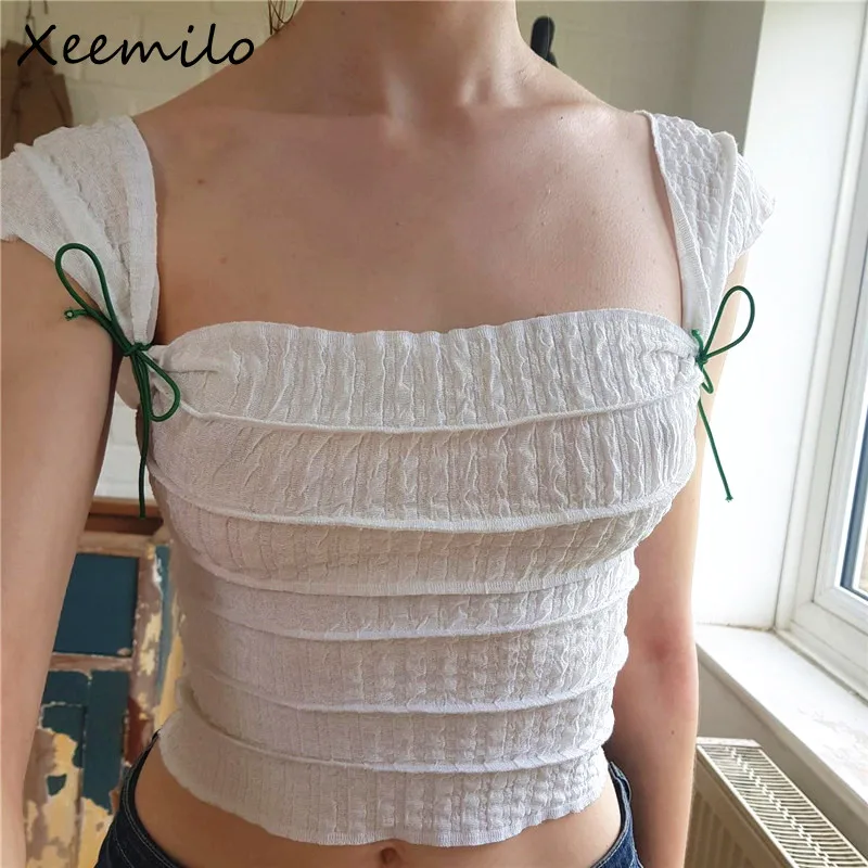 

Xeemilo Y2K Cute Bow Lace Up Crop Top Aesthetic Texture Square-neck Sleeveless T Shirt 2023 Summer Women Streetwear Slim Tees