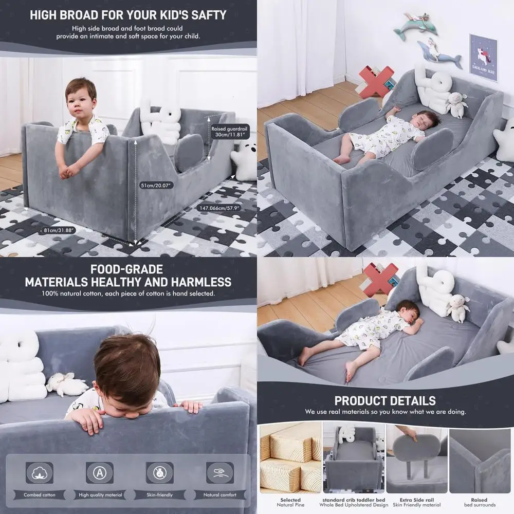 

Extra-Wide Toddler Bed with Safety Rails, Certified Fabric, Gray