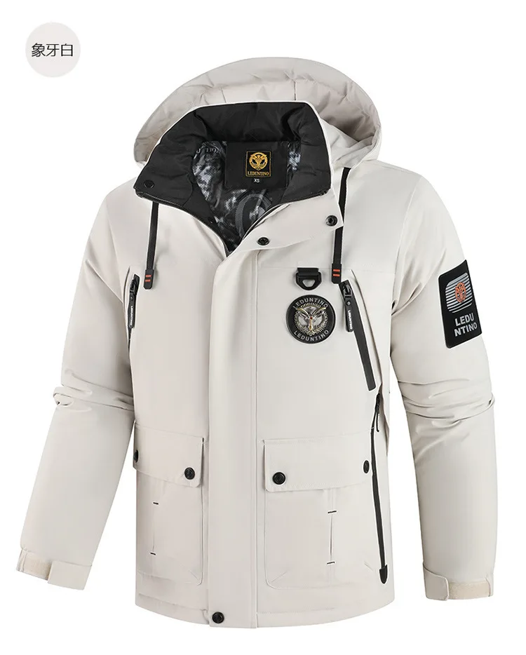 High-End Men's Winter Hooded down Jacket Windproof Warm Thick White Duck down Outdoor Top for Cold Weather