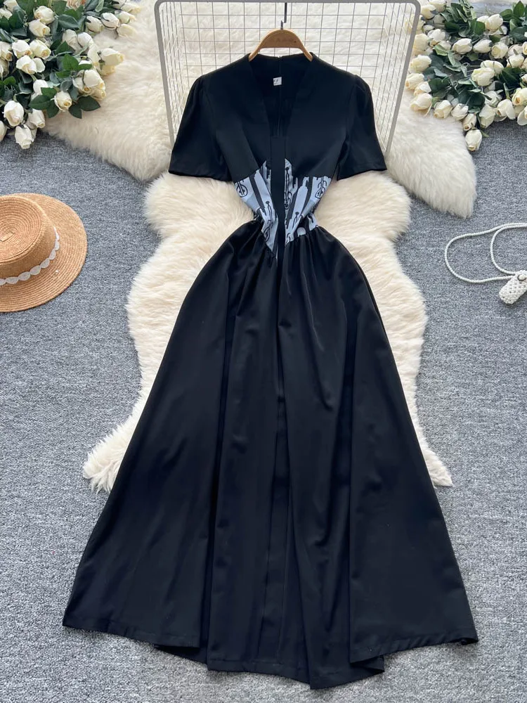 우아한 프린트 여름 드레스 여성용 브이넥 반팔 하이웨이스트 슬림 롱 드레스 한국 스타일 도시 출퇴근 패션