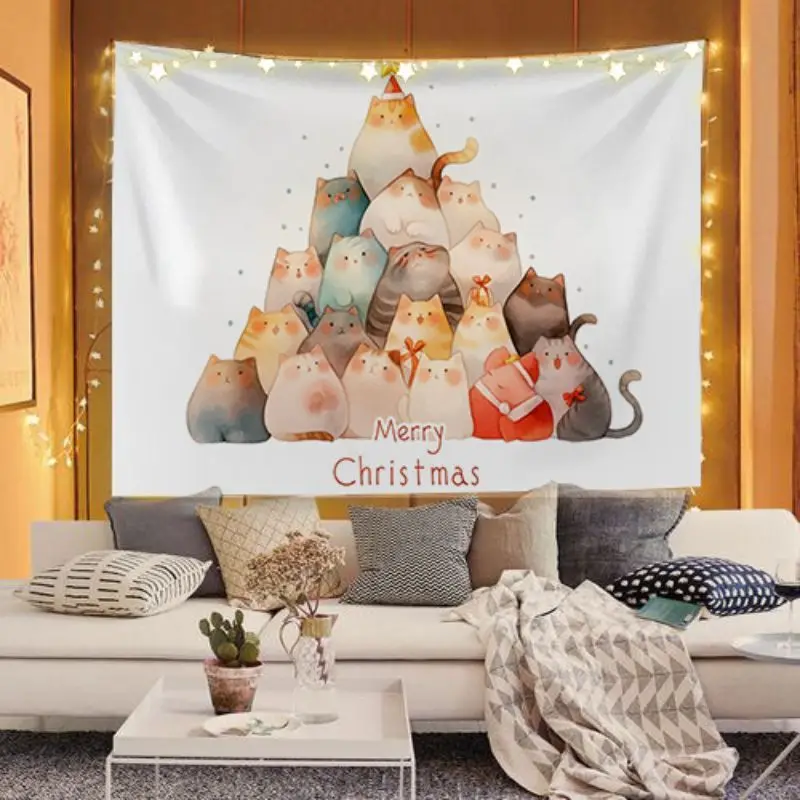 VIKAMA Merry Christmas Tree Cat Star Tapestry Winter Christmas Wall Hanging Bedroom Dormitory Festival Party Decoration