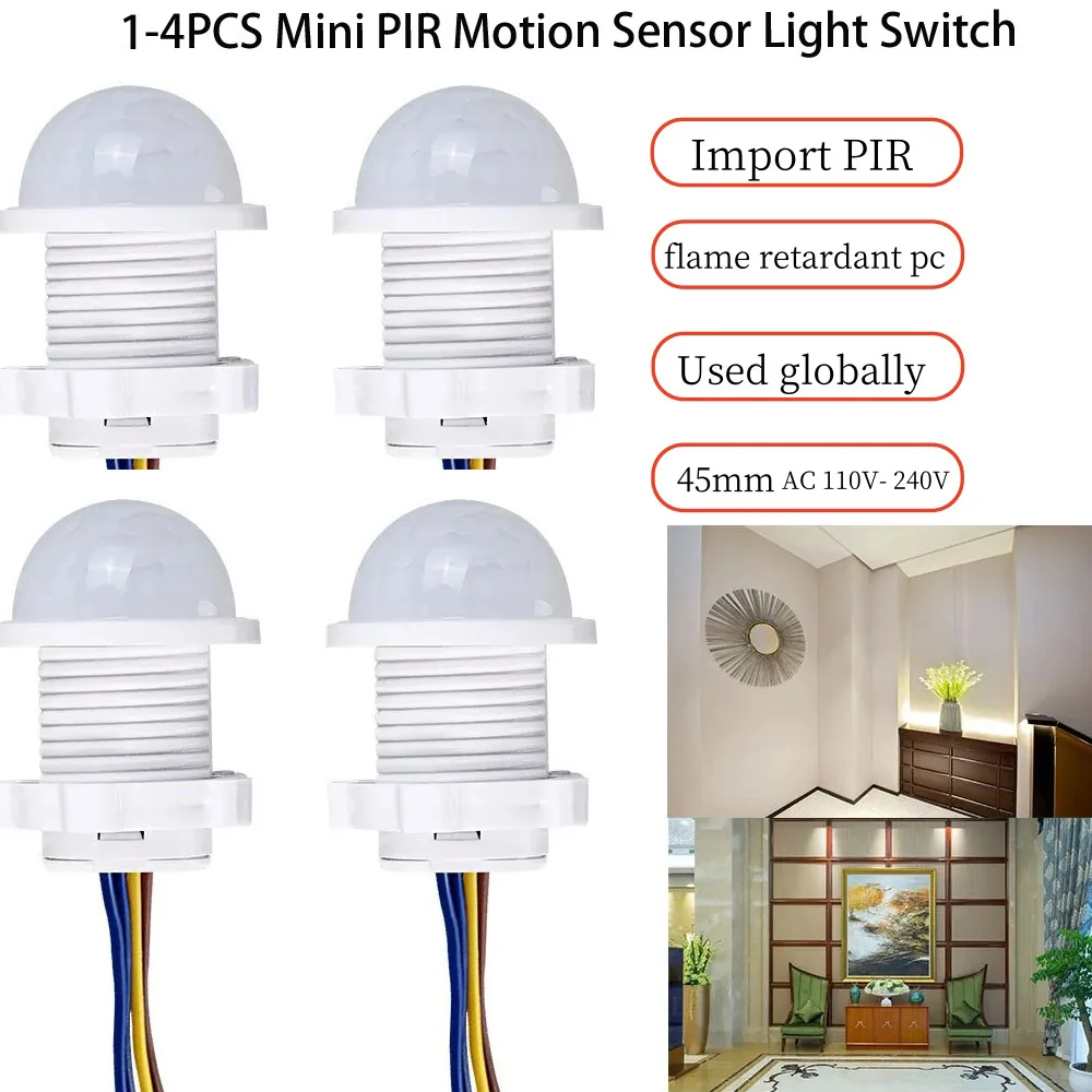 1-4PCS Mini PIR Motion Sensor Light Switch AC 110V- 240V Human Body Infrared Detector Auto On Off For Home No Adjustable Delay