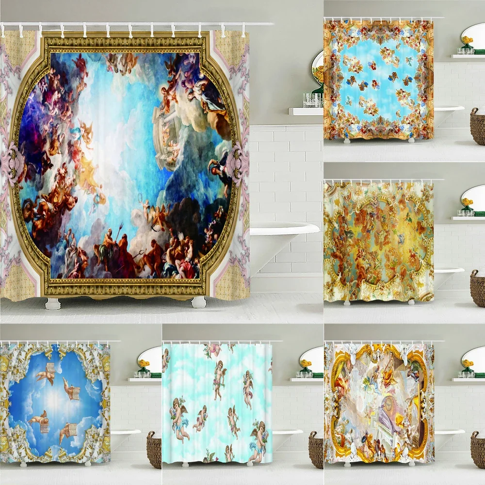 Vintage European Church Mural Fabric Shower Curtain Bathroom Curtains Angel Virgin Decor Waterproof Bath Screen with Hooks