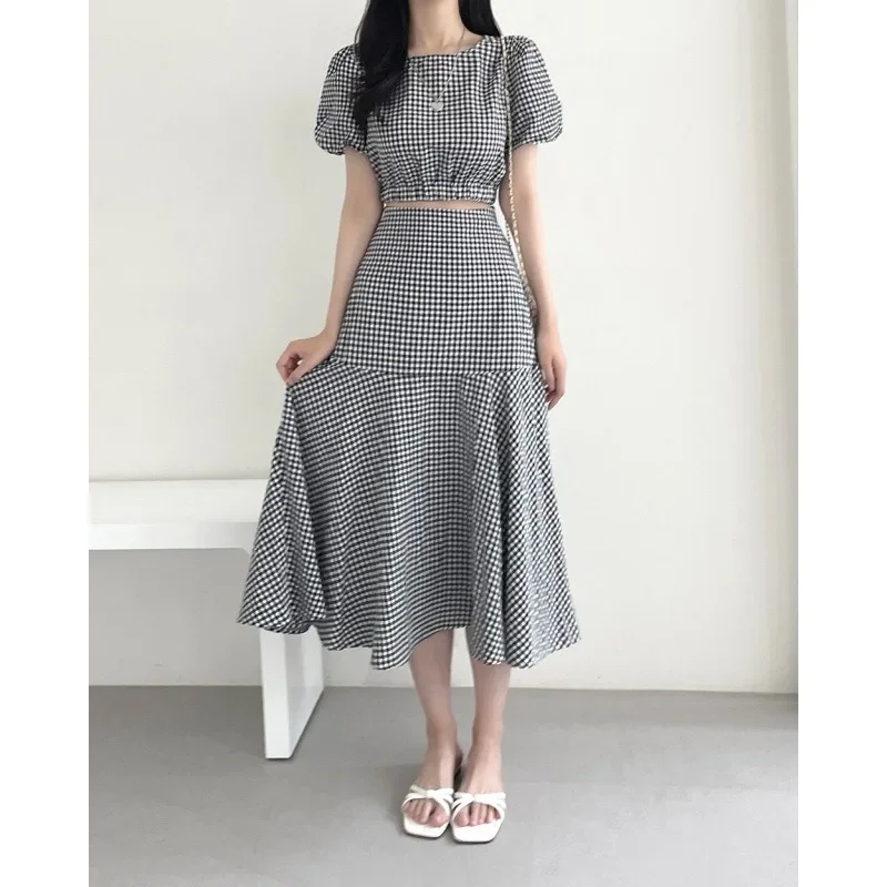 Summer Plaid Print Vacation Bubble Sleeve Top And High Waist A-Line Midi Skirt Two-piece Set Women's Fashion Korean Style Outfit