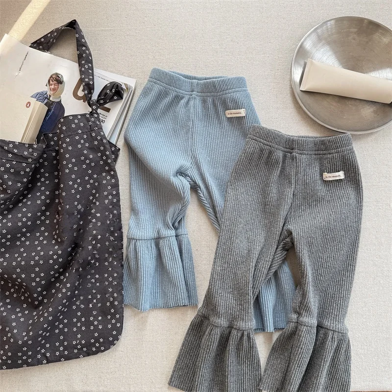

2025 Spring Autumn New Girls Elastic High Waist Flared Leggings Korean Style Cotton Kids Casual Pants