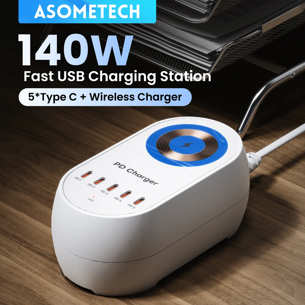 

140W GaN Desktop Charging Station 5-port USB Type C Wireless Charger QC3.0 PD PPS Fast Charger For iPhone Samsung Laptop Tablet