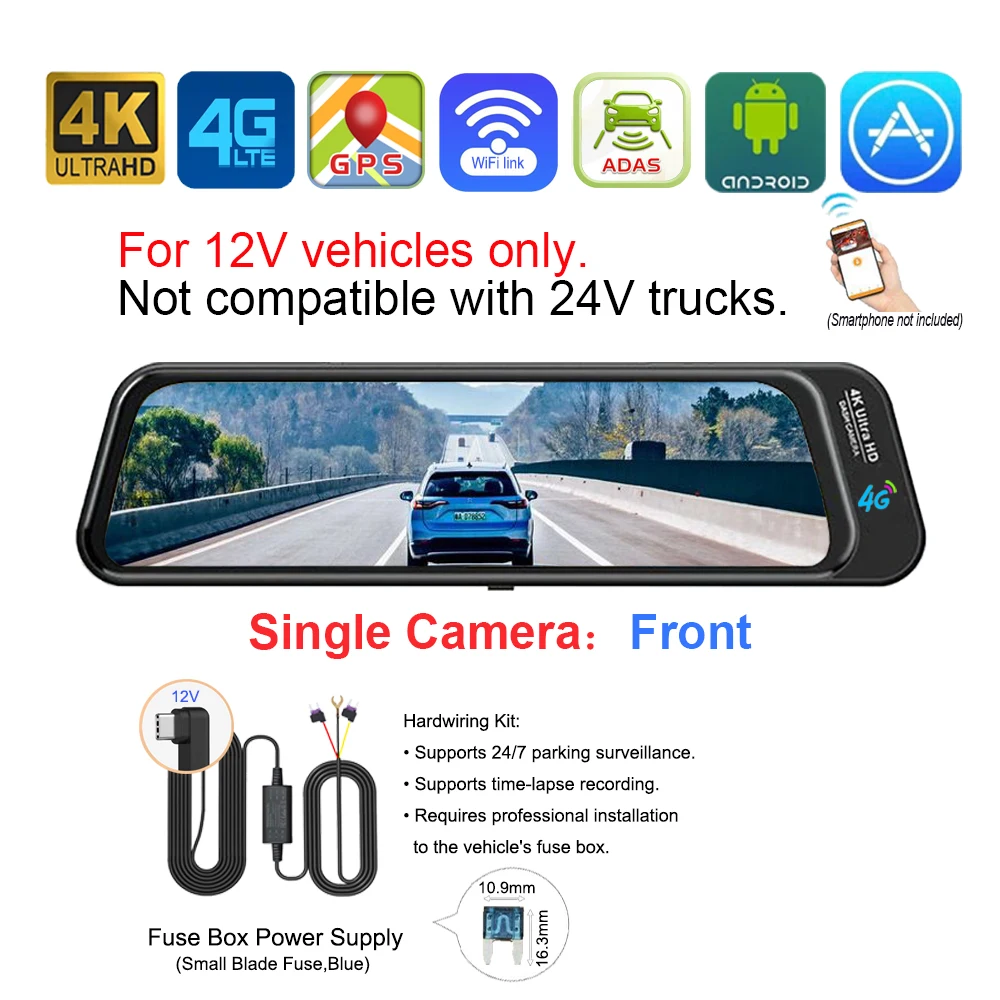 4K Stream Dashcam 4G LTE ADAS Sentry GPS RemoteSnap dodehoekdetectie 24 uur parkeertijd-lapse nachtzicht app bewegingsdetectie G-sensor lusopname