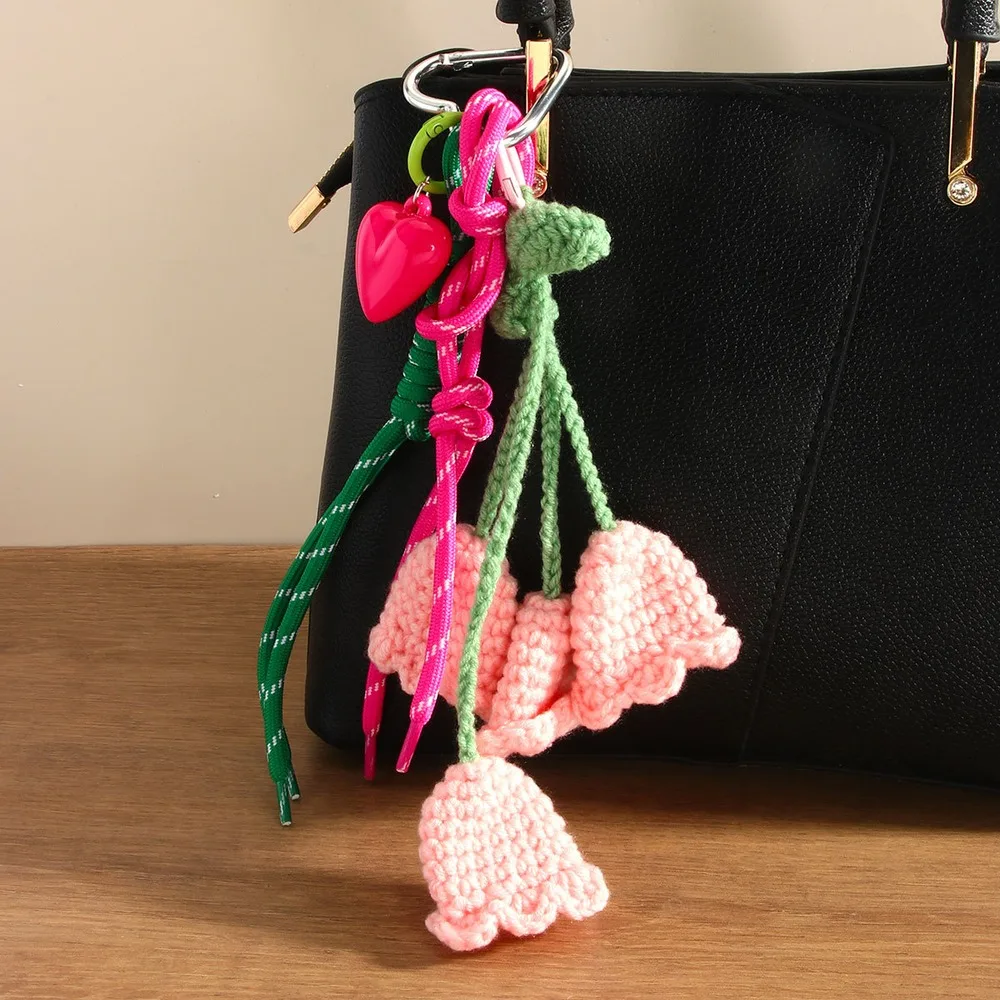 Crochet Flower Bag Charm Pink Green Floral Keychain Multi Flower Cluster Charm With Heart Accent For Purse Handbag Tote Styling