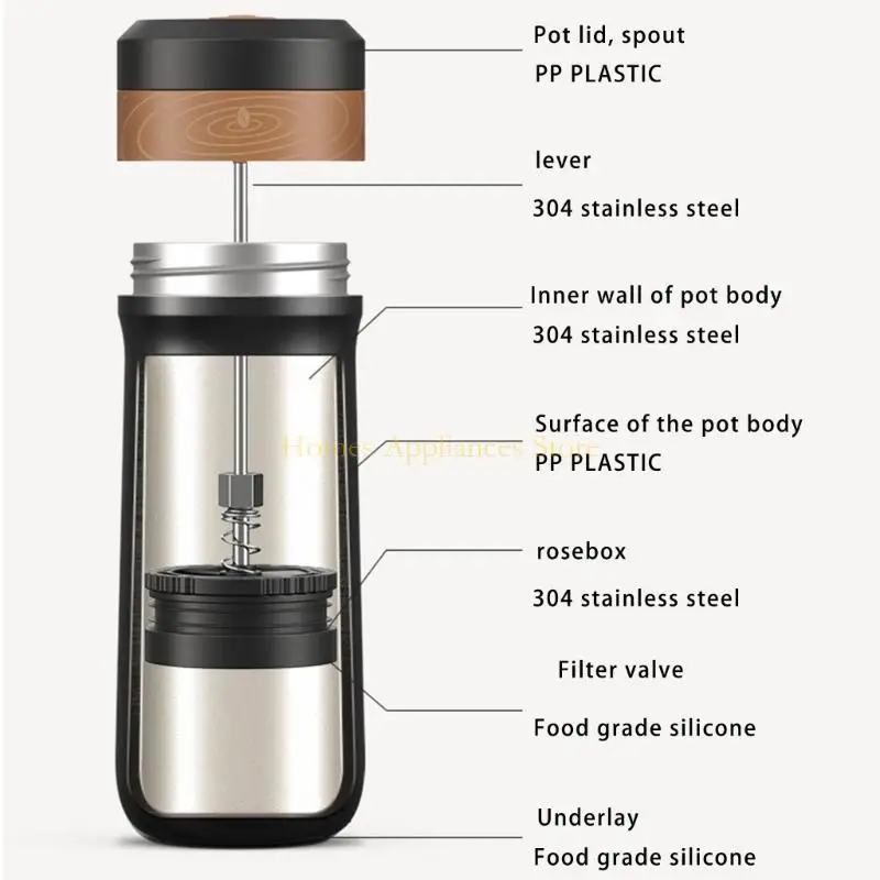 D0ABステンレススチールフレンチプレスコーヒーポット旅行と屋外用の絶縁ボトル