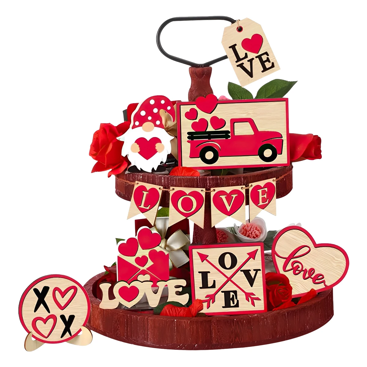 

Valentine's Day Tiered Tray Decor Delicate Wooden Valentine Tabletop Decor Reusable Valentine Tray Decoration for Tabletop Party