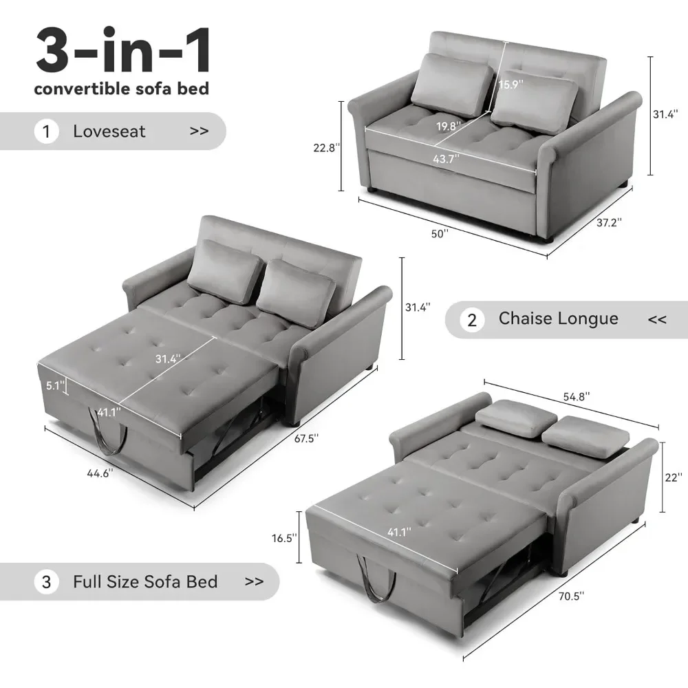 XMSJ 55 "Ranjang Sofa tidur, Sofa tarik 3-in-1 dengan sandaran dan bantal yang dapat disesuaikan, Sofa tidur Convertible, Sofa Hotel