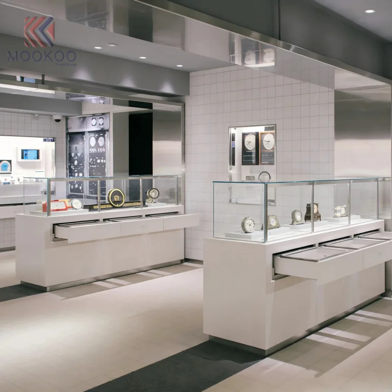 custom.Custom Glass Display Cabinet with LED Lighting Gray Rectangular Design Luxury Watch Display in Shopping Malls