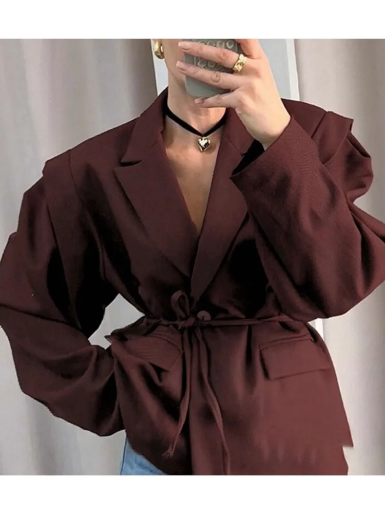 Spring And Autumn Temperament Commuting Versatile Top New Women's Fashion High-end Waist Tie Lapel Shoulder Pad Suit Jacket