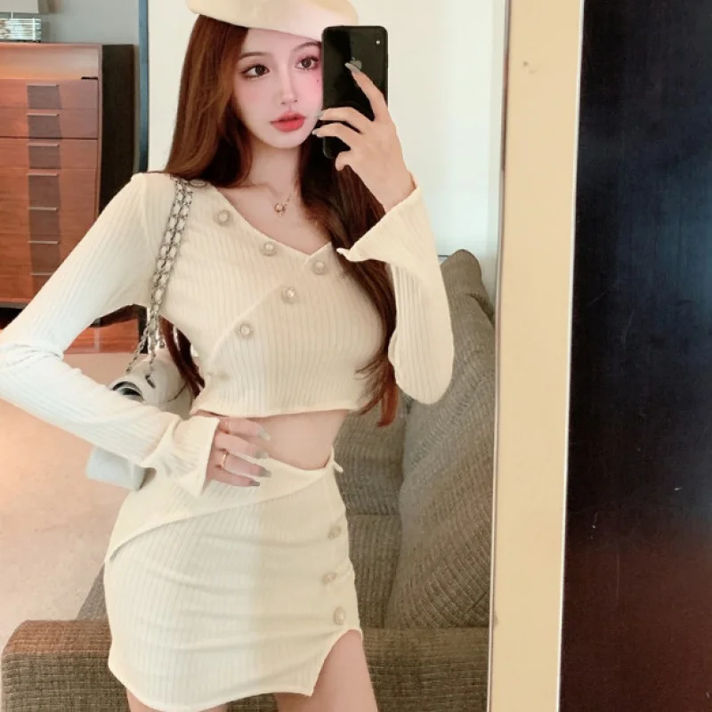 

Fashionable Design Set Spring Autumn New Off-Shoulder Top Knitted Split Skirt Two-Piece Women's Clothing