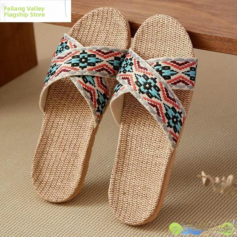 Linen Grass Woven Men's Indoor Home Use Slippers Summer Anti-Slip Rattan Bamboo Mat Home Comfortable Soft Bottom Slippers