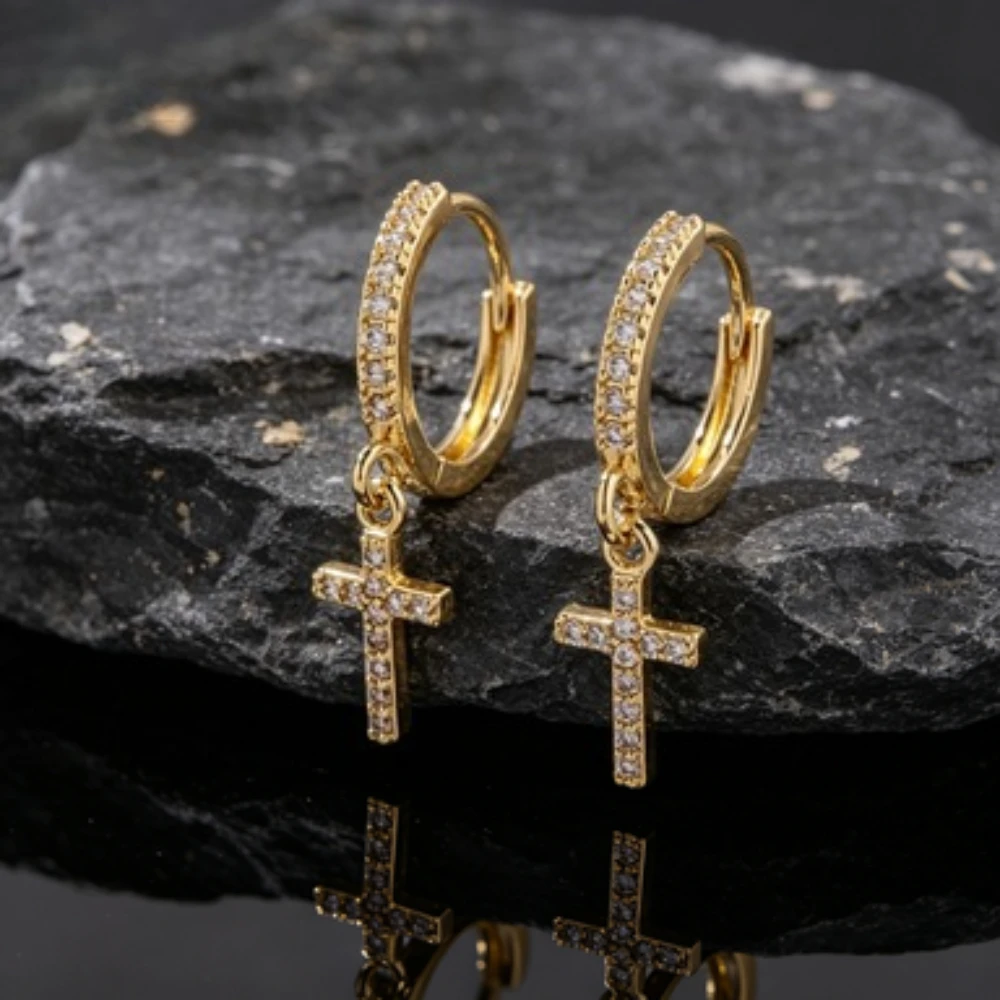 Cool Pop Punk Hip Hop Cross Hoop Earrings for Men Women,Crystal Zircon Inlay Metal Earrings, Jewelry Gift