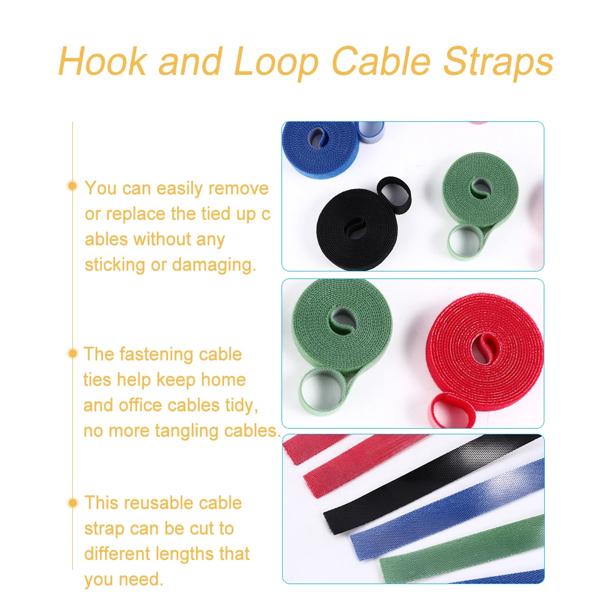 

6 Rolls Reusable Fastening Cable Ties Hook Loop Cable Straps Wire Cord Organizer Tidy Home Office Power Laptop Wires