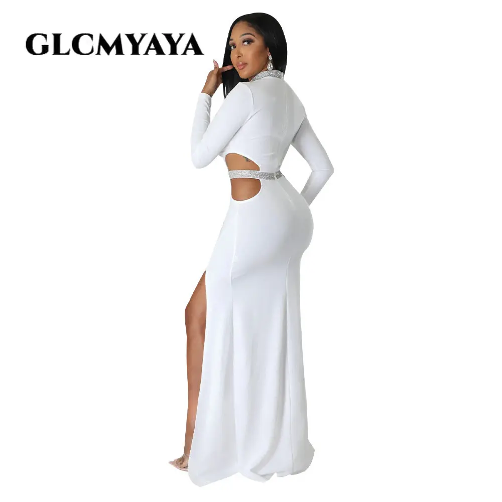 GLCMYAYA Nữ Cutout Eo Độ Bên Cao Xẻ Tay Dài Đầm Maxi Dài Đầm Thời Trang Thu Đông Bodycon Áo Vestidos