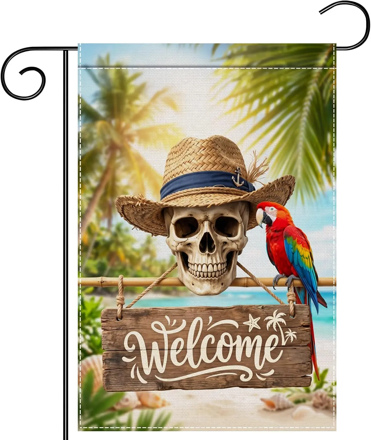 Skeleton Parrot Pirate Garden Flag 12x18 Inch Yard Decor | Double sided polyester, tropical skull artwork, beach halloween t llp