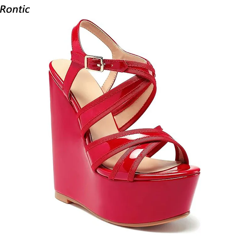 

Rontic/Новые женские летние босоножки на платформе, на танкетке, на высоком каблуке с круглым носком, красивые красные, синие, цвета фуксии, вечерние туфли, размер США, большие размеры 4-20