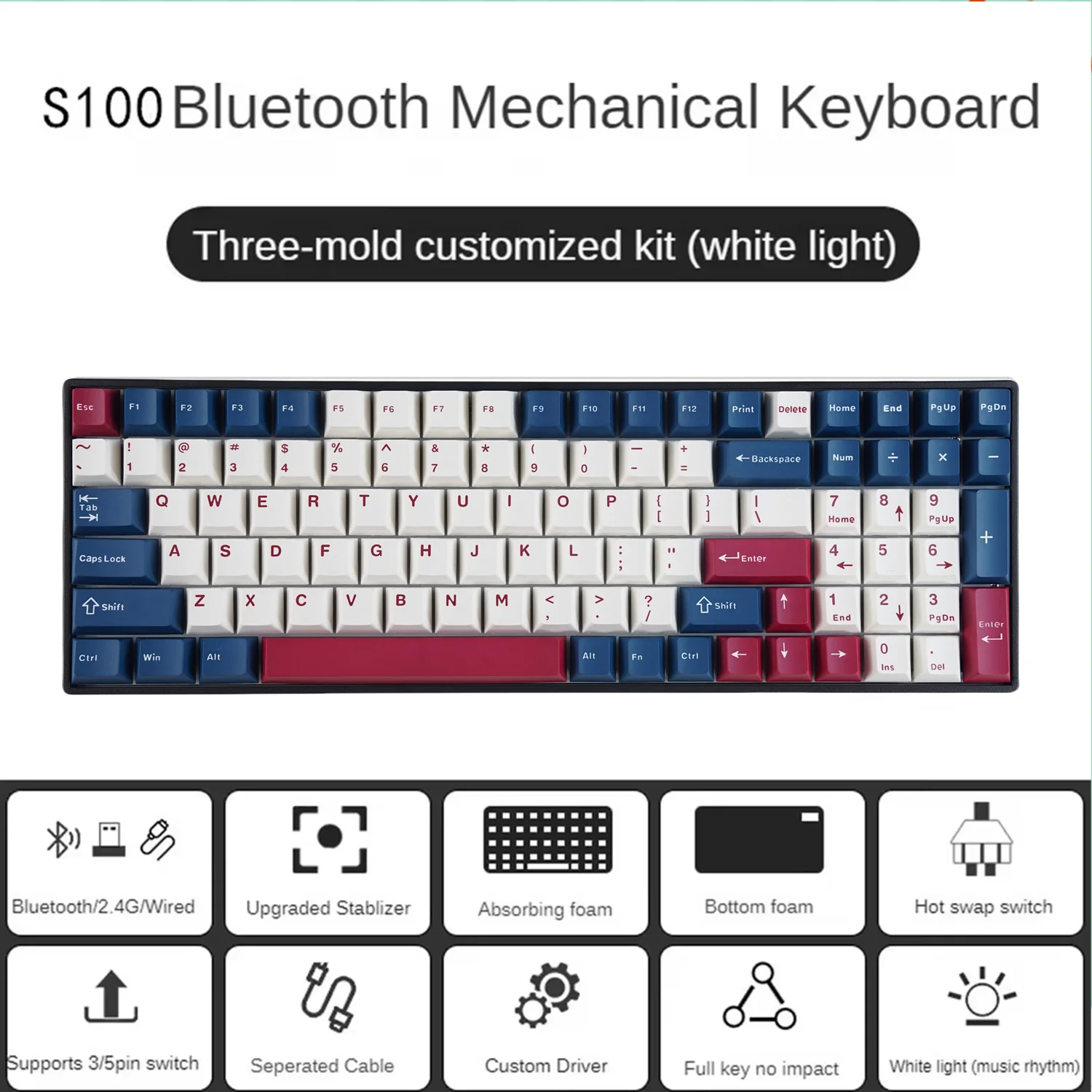 

（White Light) Mathew Tech S100 Three Mode Mechanical Keyboard 100 Keys 98% Layout Hot Swap Gaming Keyboard DIY