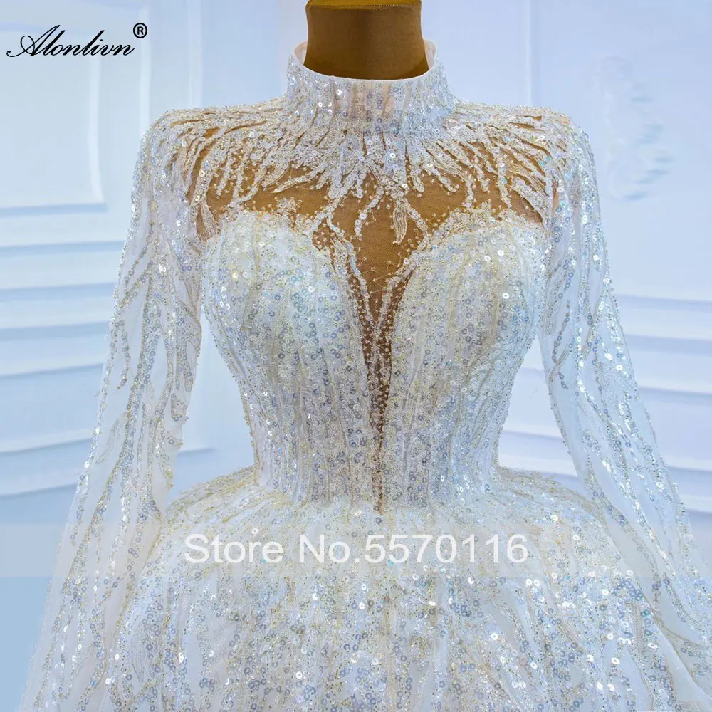 Alonlivn luxo bling decote alto de uma linha vestido de casamento princesa apliques brilhantes mangas completas nupcial dess