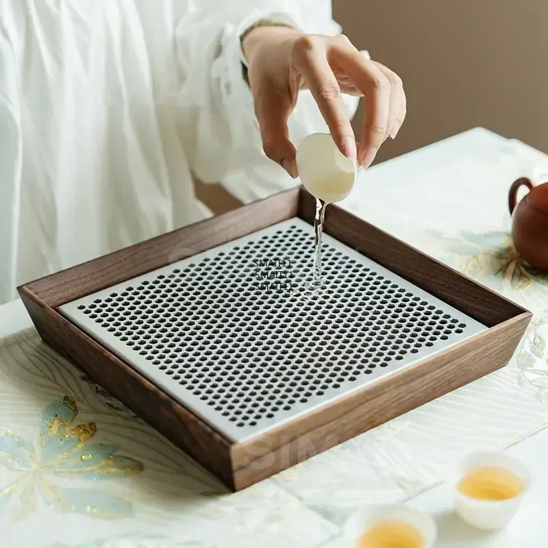 Light Luxury Square Walnut Aluminum Alloy Tea Tray 23.5cm Small Household Dry Drip Tea Tray