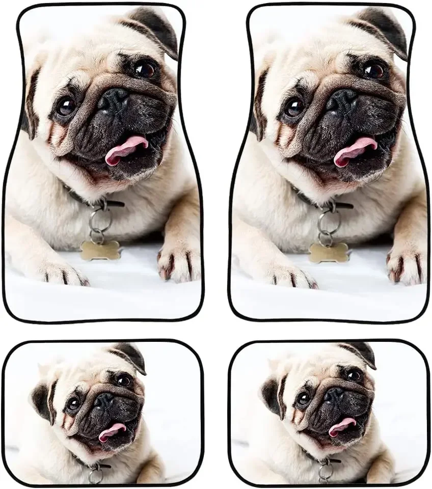 Universal Fit Front/Rear 4 Piece White Pug Design Carpet Car SUV Truck Floor Mats Doormat