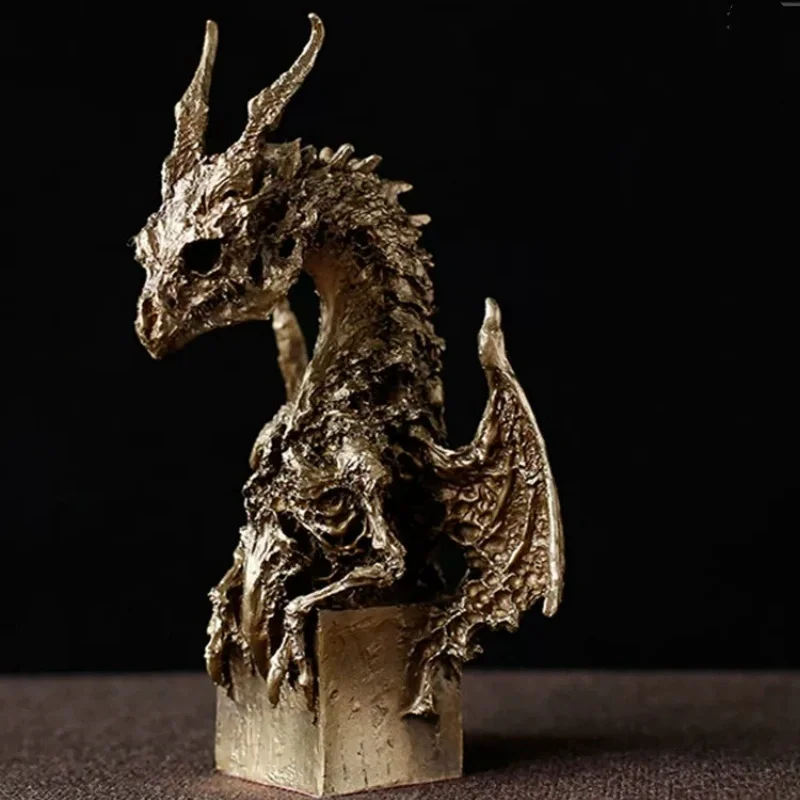 Solid Brass Winged Skeleton Dragon Bust Gothic Myth Creature Figurine Desktop Ornament Collectible Craft Gift for Home Office