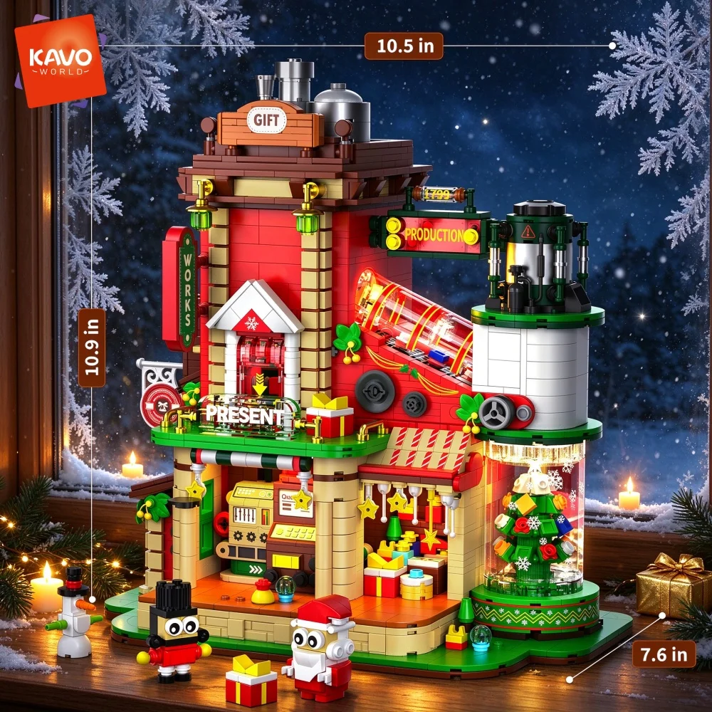 KAVOWORLD 2782pcs Super Gift Factory Building Blocks Set DIY Creative Christmas Winter Village Santa Claus Snowman Soldier Christmas Tree Gingerbread Holiday Cottage Bricks Toy Kit With LED Light Moving Conveyor Belt Tabletop Decor For Xmas New Year Gifts