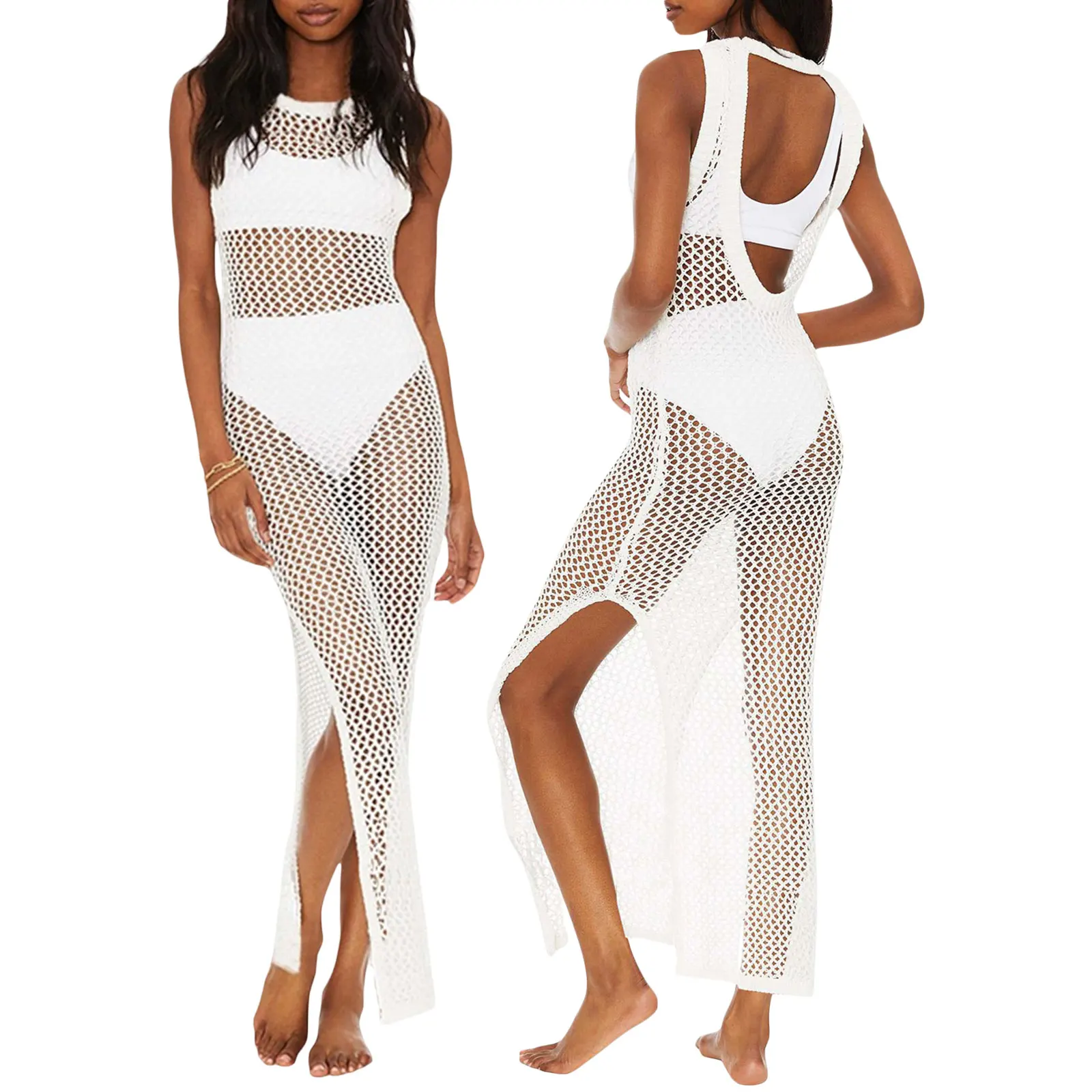 Yiiciovy Women Boho Bikini Cover-Up Dress Knitted Hollow See-through Swimsuit Cover-Up Sexy Backless Crochet Beach Dresses