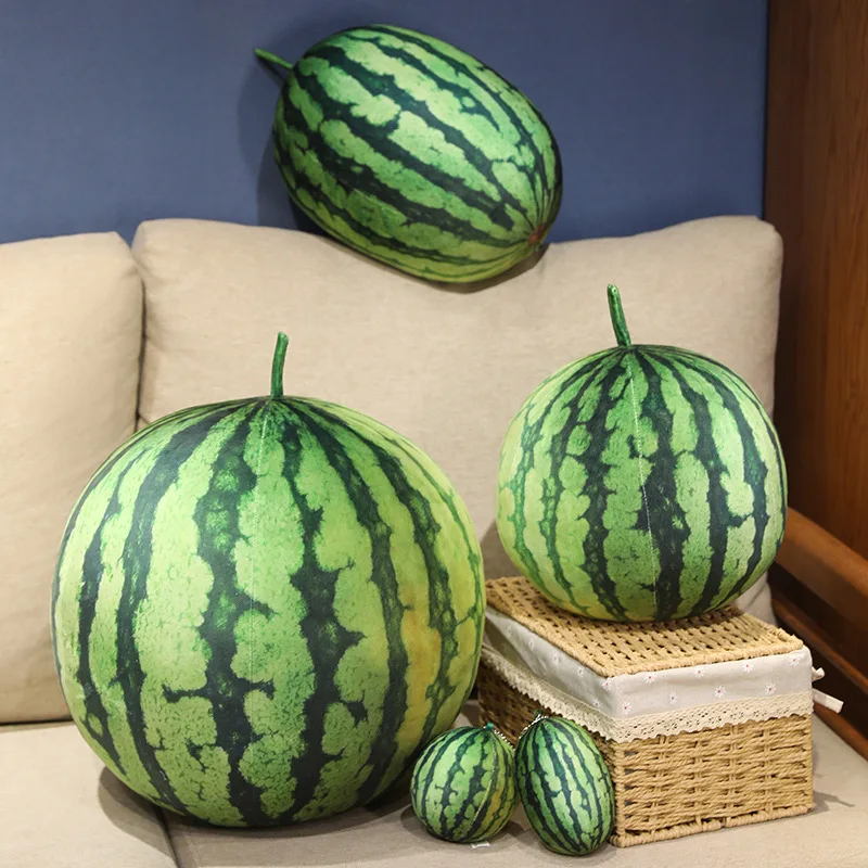 Neues 3D-Wassermelonen-Plüschtier, lebensechtes rundes und ovales Wassermelonen-gefülltes Kissen, niedliches Wassermelonen-Puppen-Sofa, dekoratives Obstkissen