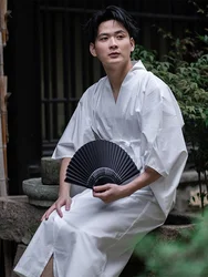 Men's Kimono Inside Wear Unisex 100% Cotton Breathable Skin-Friendly Underwear White Shirt Bathrobe Sleeping Wear White Color