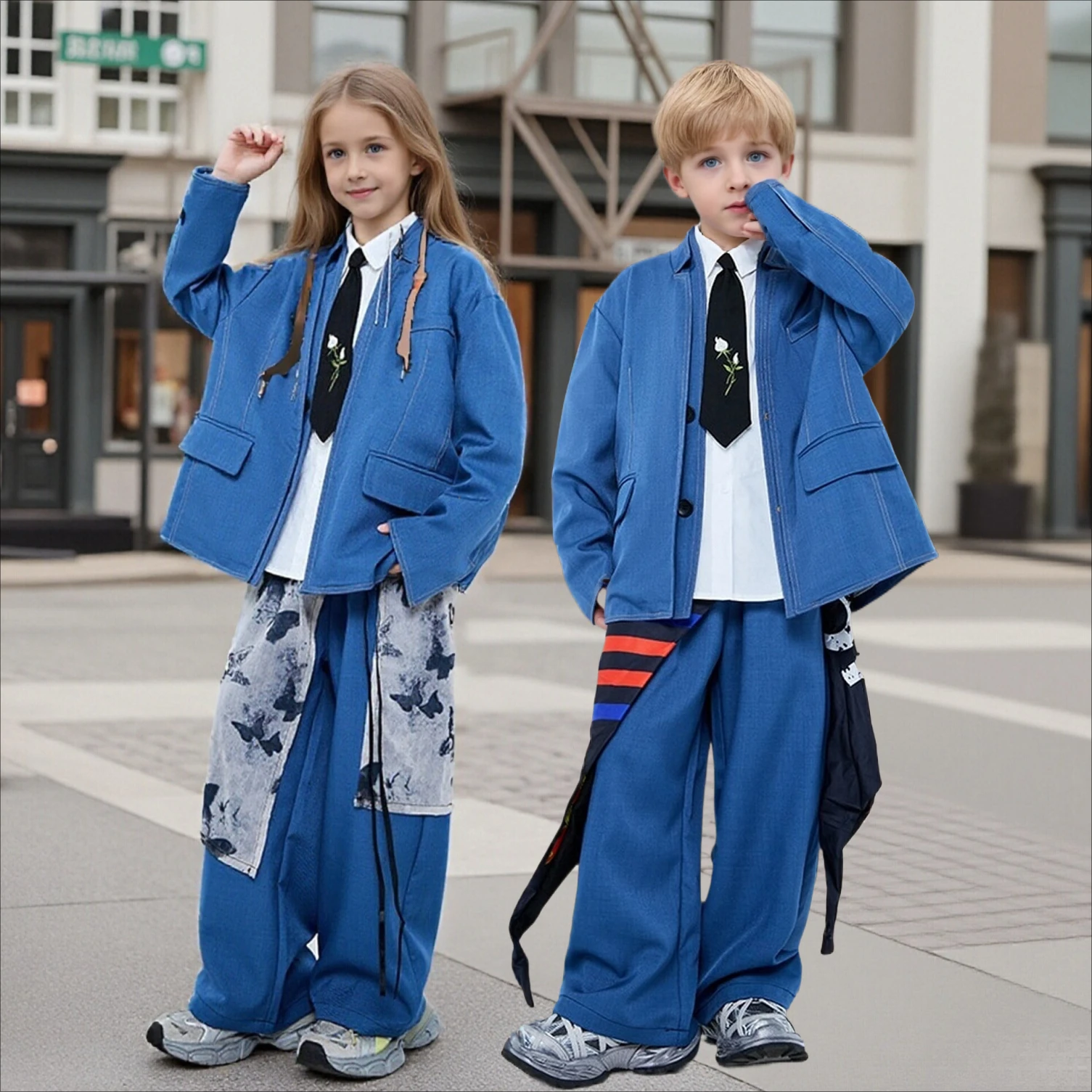 Kids Jazz Dance Suit Blue Blazer Boys Girls Hip Hop Performance Outfit Children Street Costume Two Piece Set for Show Catwalk