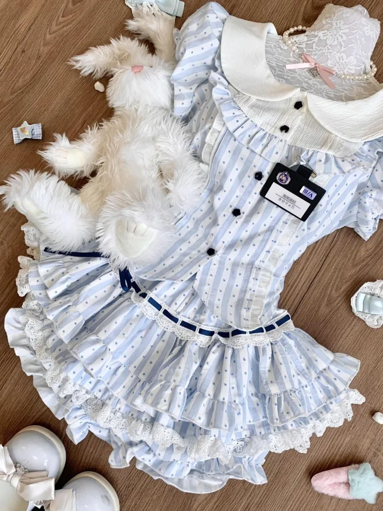 Sommer Süße Kawaii Bogen Bluse + Spitze Mini Rock Set Frauen Neue Y2K Puppe Kragen Polka Dot Zwei Stück Outfit japanische Mode Chic