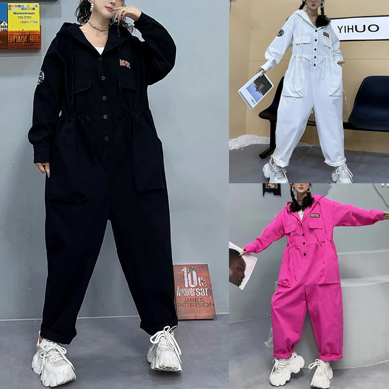 

Модный осенний джинсовый комбинезон с капюшоном, свободные длинные брюки для женщин, скрывает посадки, модная рабочая одежда с кетами
