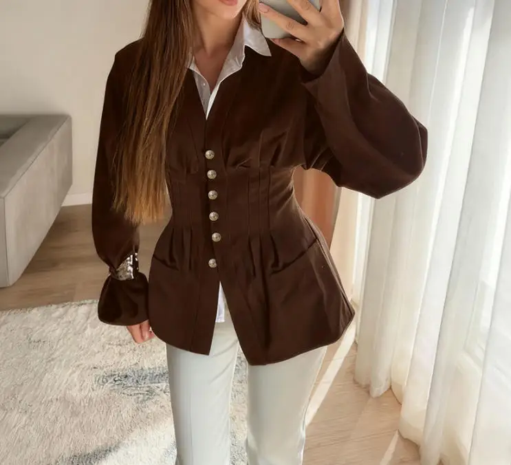 Women's Shirt 2026 Spring Autumn New Solid Color Pocket Design V-Neck Long Sleeve Cinched Waist Single-Breasted Shirt Coat