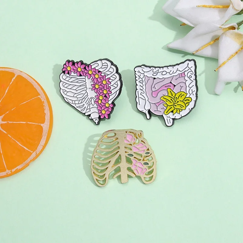 Custom Floral Organs Enamel Pins Creativity Heart Rib Intestine Brooch Badges Lapel Bag Collar Medical Jewelry Gift for Friends