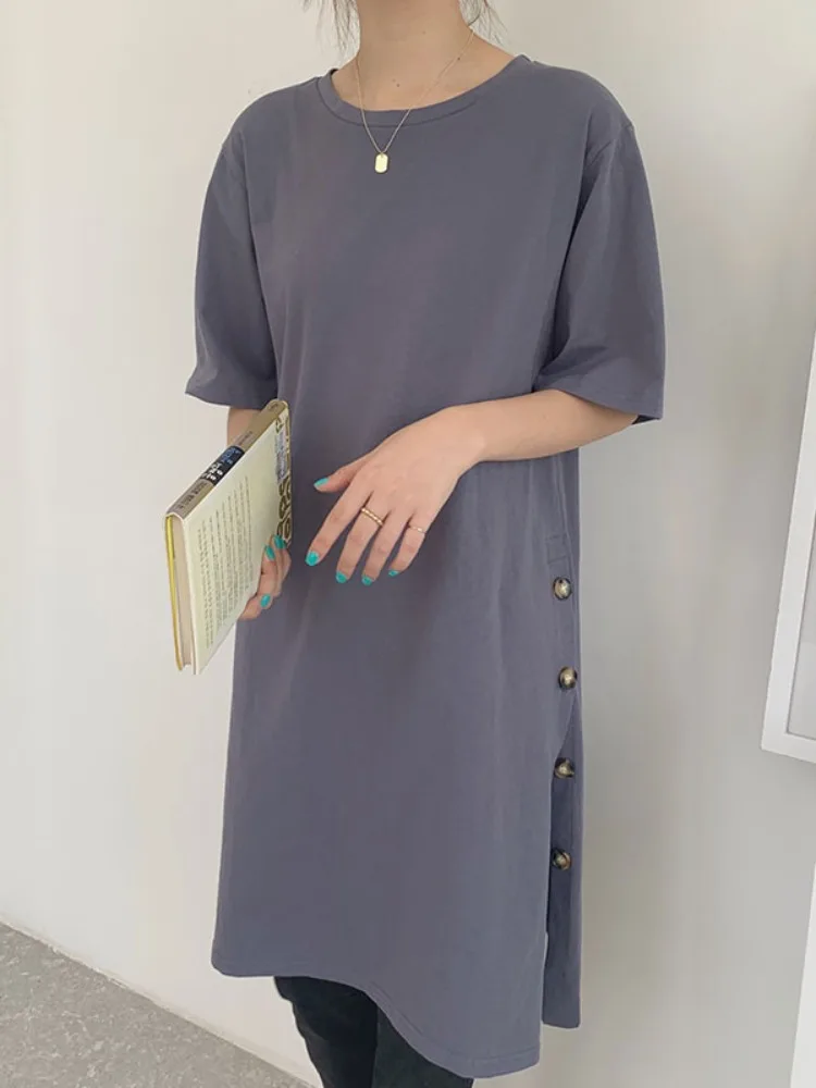 Japonais paresseux Sle bouton T-shirt femmes Faion Simple décontracté ample mi-long Dr Version coréenne couleur Pure mélange de coton