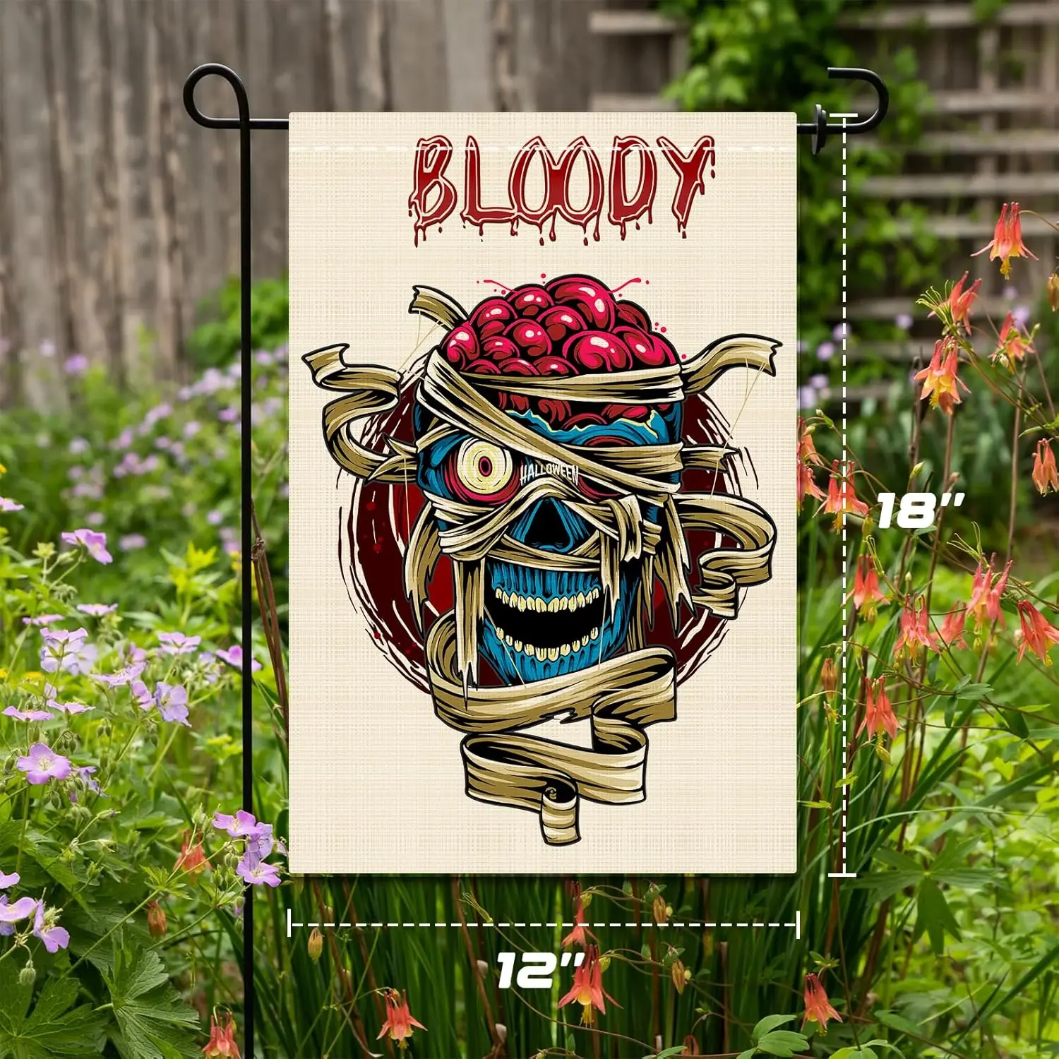 Halloween Garden Flag Bloody Skull 12x18 Inch Small Double Sided Burlap Welcome Yard Outside Decorations - Bandaged Bloody Skull