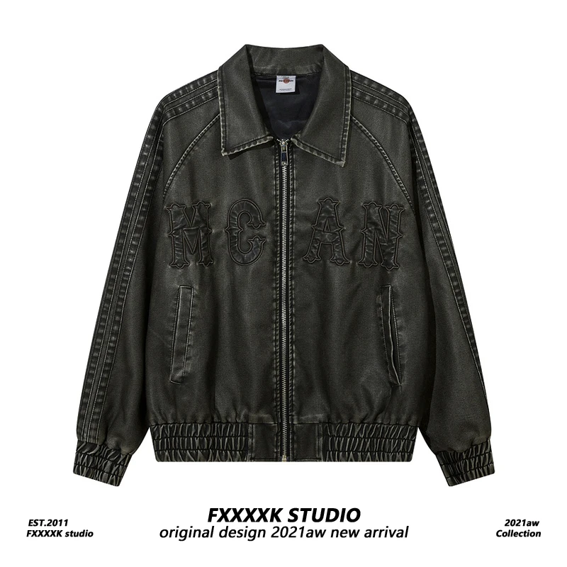 FXK Original bestickter Buchstabe PU-Leder Jaet Vintage American Street Sle Herren Damen Baseballmantel Herbst Oberbekleidung