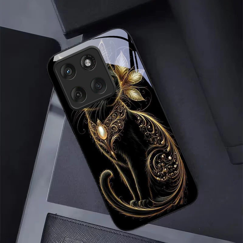 Mystic Golden Pearl Cat Black Glass Phone Case For Motorola Moto Edge 60 70 20 Lite 30 Pro 40 50 Ultra X30 Pro G14 G75 G84 Cover view 4