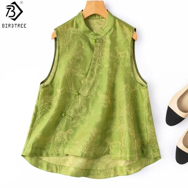 Birdtree, 100% Silk Jacquard Tank Top, Sleeveless Stand Collar Vest, Women Floating Light Brocade Tops, 2026 Summer New T65503JF