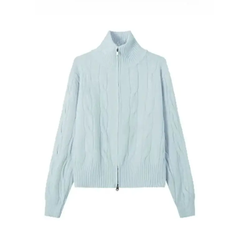 เสื้อคาร์ดิแกนไหมพรมคอสูงแบบซิปคู่สำหรับผู้หญิง ฤดูใบไม้ร่วงและฤดูหนาว