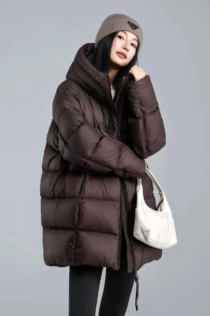 Winter Solid Hooded Mid Length Down Jacket Women 90% White Duck Down Loose Down Jacket Female Warm Double Zipper Parker Outwears