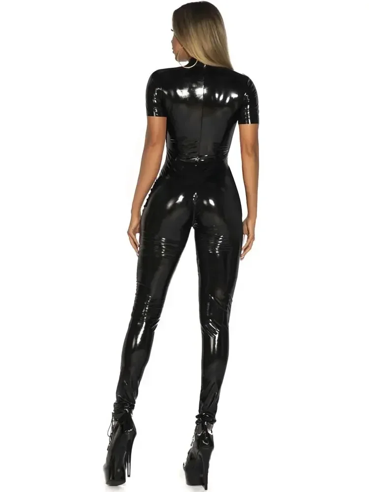 Women Shiny Patent Leather Jumpsuits High Neck Short Sleeve Faux Latex PVC Rompers Stretch Bodycon Jumpsuits Clubwear New Custom