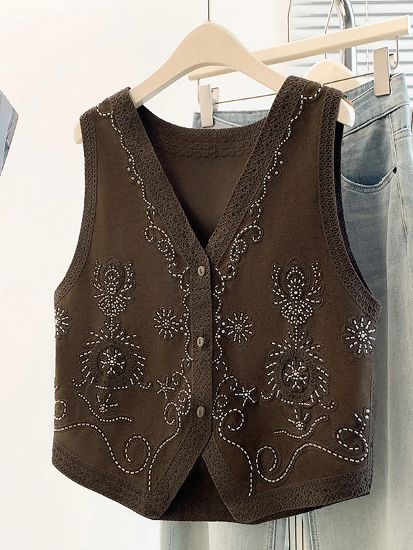 Authentic Heavy Embroidery Pearl Vest Women's Loose Outerwear Top Fashionable Layering Spring Autumn New Style V-Neck Single ...