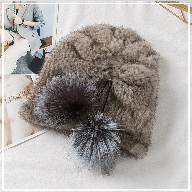 New Winter Luxury Fur Hat Ladies Sweet Style Mink Fur Knitted Hat Fox Fur Ball Embellished Plush Fashion Fur Hat