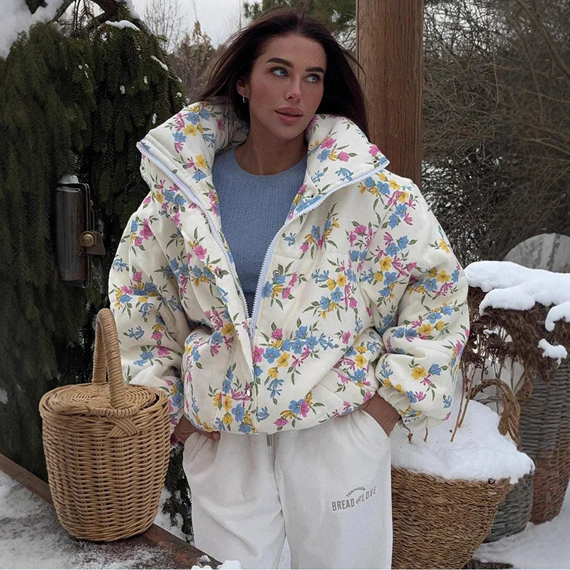

2025 Winter Oversize Printed Cotton Jacket Coat Female Fashion Stand Collar Warm Parkas Long Sleeve Casual Women's Coat